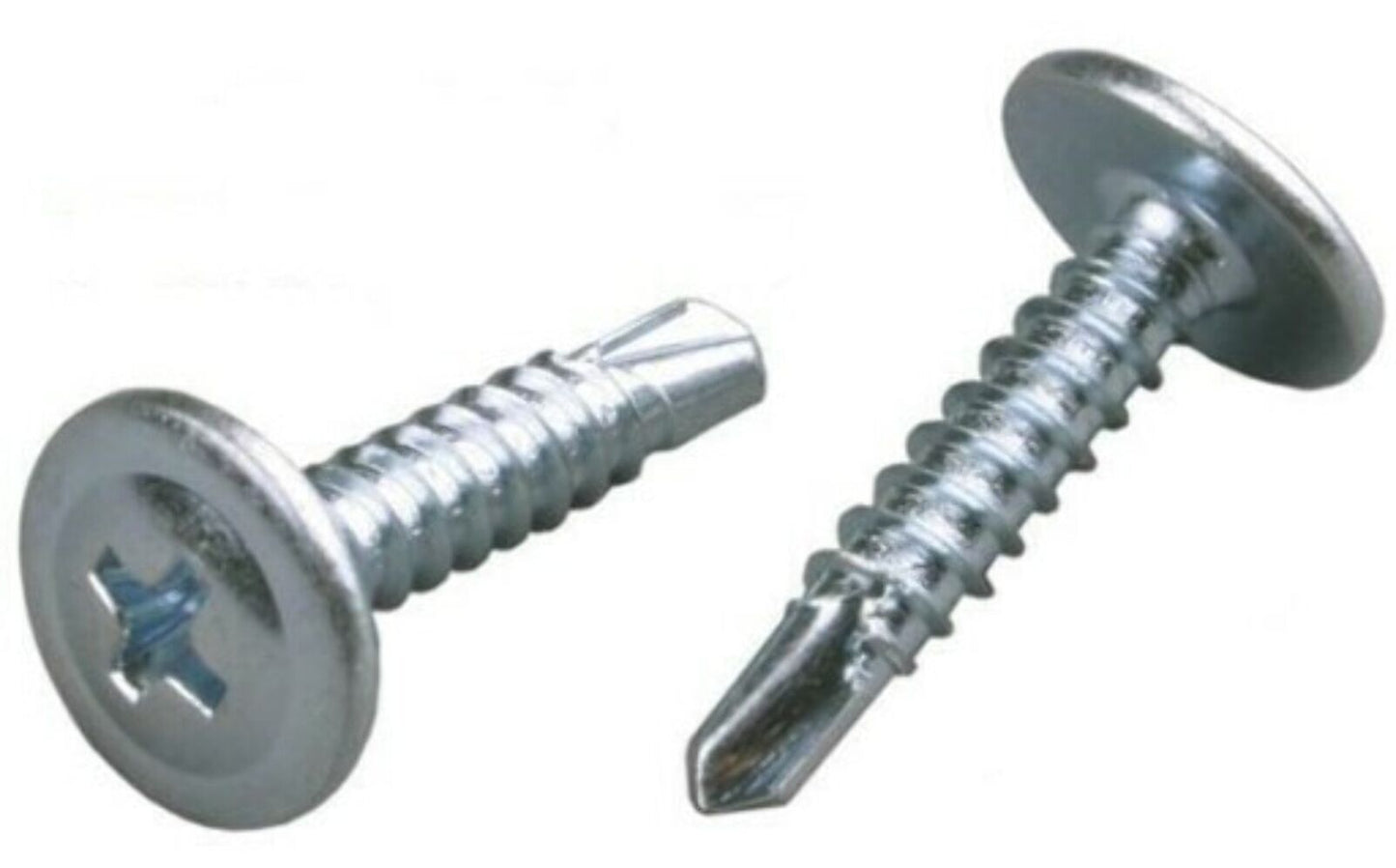 Close-up of a bright zinc-plated self-drilling baypole screw with a low-profile wafer head, designed for flush UPVC window installations.