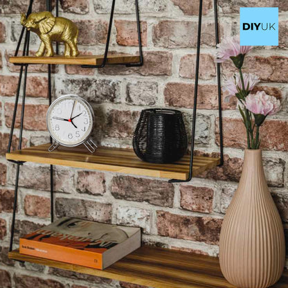Stylish Multi Tiered Floating Wall Shelves, Pine Wood and Black Steel Frame for Decorative Display - DIYUK