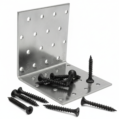 10x Heavy Duty Angle Brackets 40x40mm (60mm Wide) & 50x Black Screws - Repair Kit - DIYUK