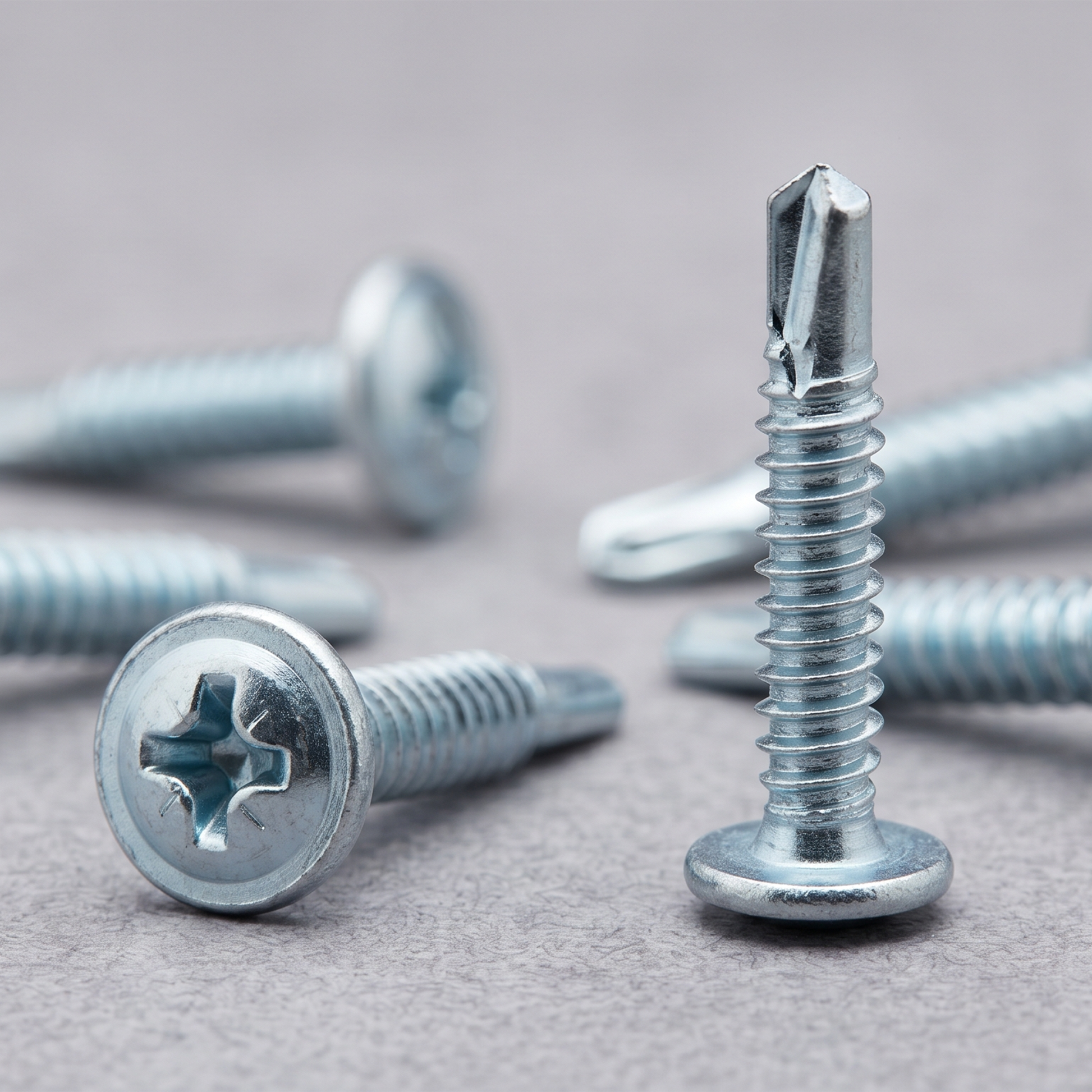 Close-up of a bright zinc-plated self-drilling baypole screw with a low-profile wafer head, designed for flush UPVC window installations.