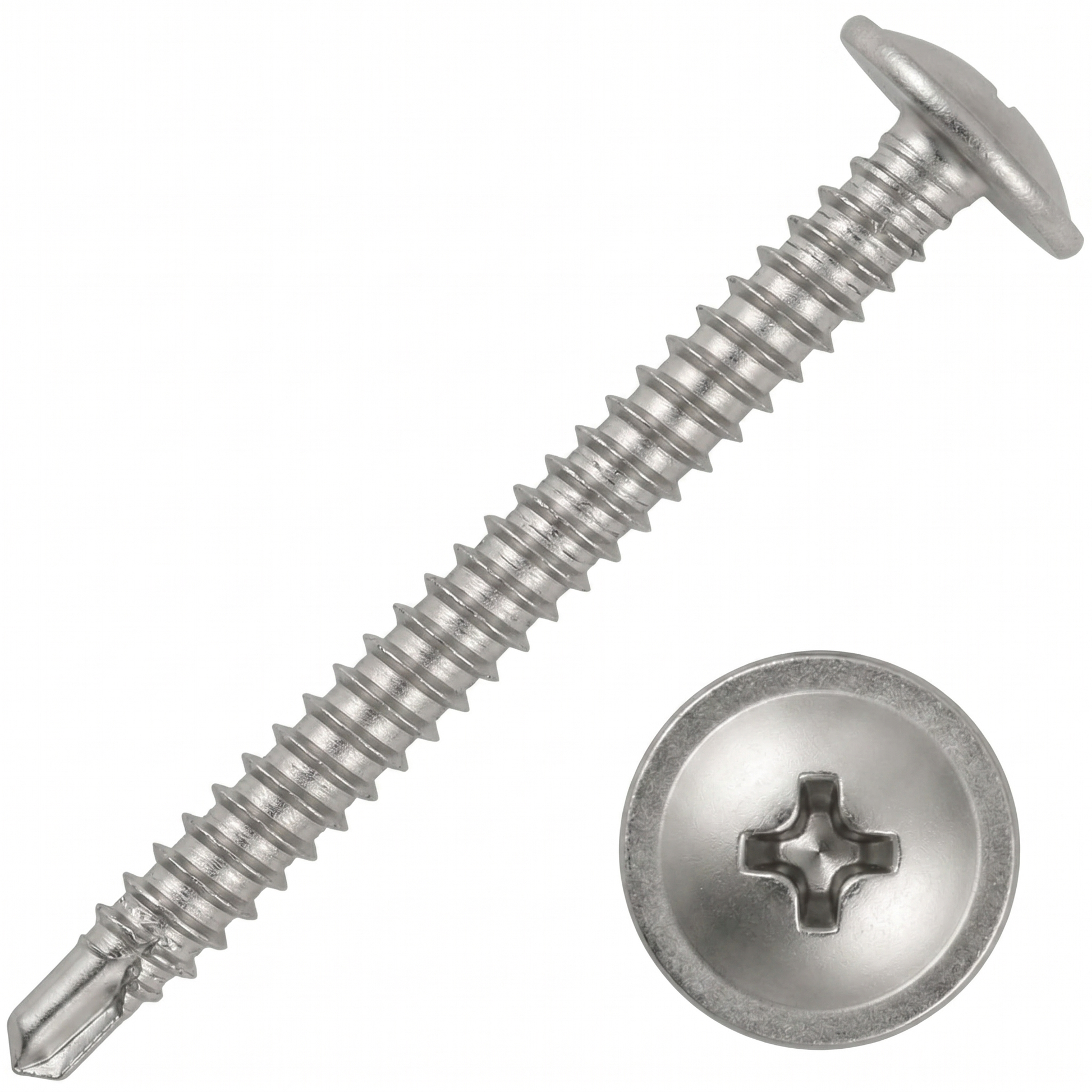 Close-up of a bright zinc-plated self-drilling baypole screw with a low-profile wafer head, designed for flush UPVC window installations.
