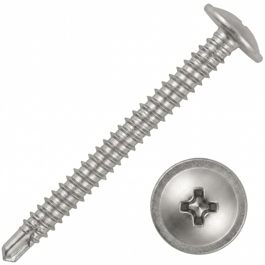 Close-up of a bright zinc-plated self-drilling baypole screw with a low-profile wafer head, designed for flush UPVC window installations.