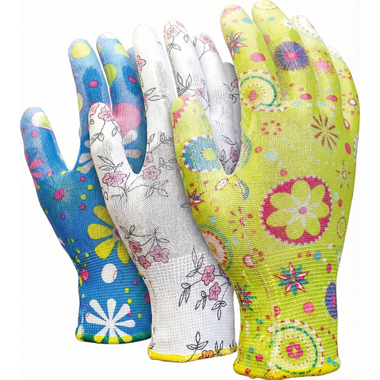 Ladies Floral Gardening Gloves (3 Pack) - Nitrile Coated Water-Resistant Work Gloves - Thorn Resistant Grip , Pruning & Wet Soil - Breathable Knit