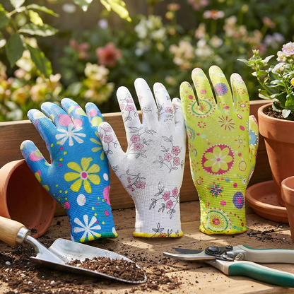 Ladies Floral Gardening Gloves (3 Pack) - Nitrile Coated Water-Resistant Work Gloves - Thorn Resistant Grip , Pruning & Wet Soil - Breathable Knit